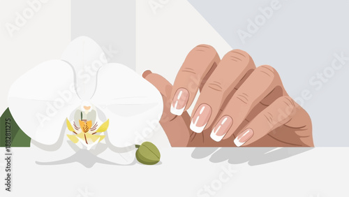 Elegant white orchid and perfectly manicured hand with french tips