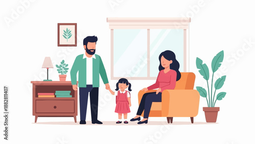 Family posing indoors with furniture and plants near a window