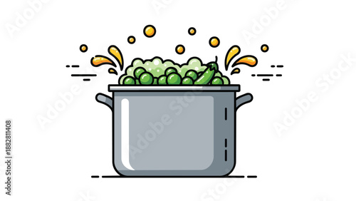 Vibrant culinary scene: a boiling pot of fresh green peas and a zesty chili, illustrating home cooking