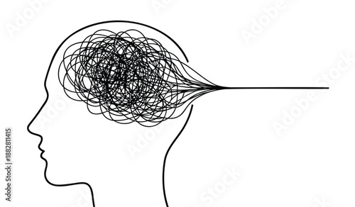 Person with tangled thoughts and ideas exiting their mind in a line