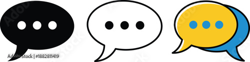 Three speech bubbles black white yellow blue with dots chat message bubble communication