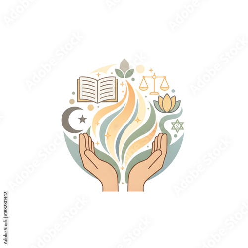 hands holding spiritual symbols and sacred light on transparent background