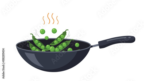Healthy vibrant green peas and fresh pods gently cooking in a hot wok illustration