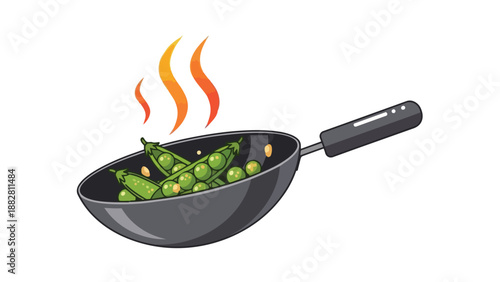 Vibrant green peas simmering in a warm frying pan, creating a delicious and healthy meal illustration. Fresh garden vegetables being cooked with
