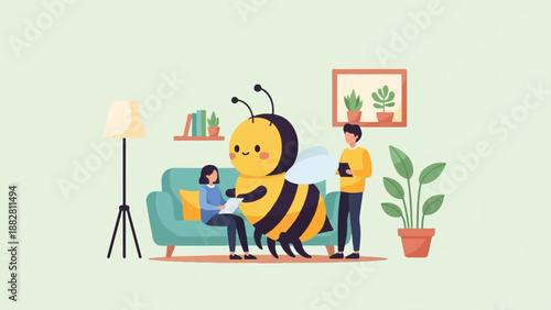 Cozy room scene with a giant friendly bee, people and plants