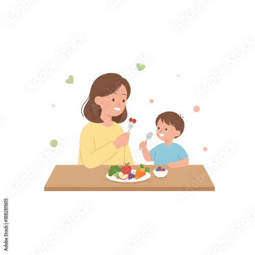happy mother feeding cute little boy with fresh healthy fruits and vegetables at table vector illustration transparent background
