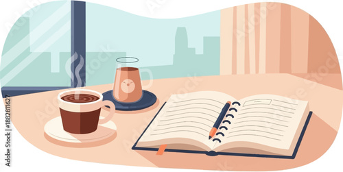 Cozy desk with coffee, open notebook, and city view