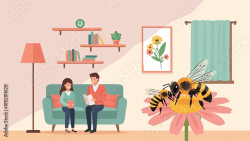 Family relaxes indoors with bees on a flower, art on wall
