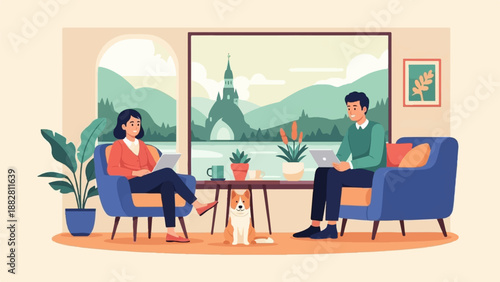 Couple with dog relax indoors with laptops, enjoying view