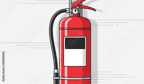 Red fire extinguisher with black hose and silver details on white background
