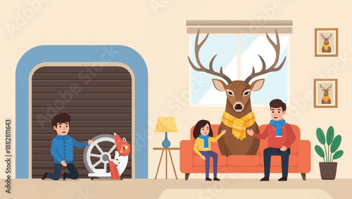 Family relaxes indoors with a deer guest while a man works on a vehicle