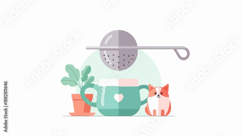 Cute corgi dog and plant next to a tea set with a strainer