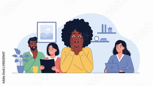 Diverse people react to surprising news or information at work