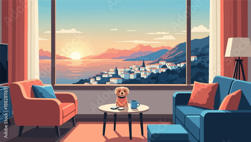 Cozy room with dog viewing a sunlit coastal town at sunrise