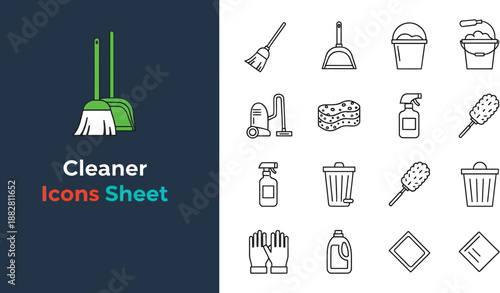 Black outline icon sheet of household cleaning tools