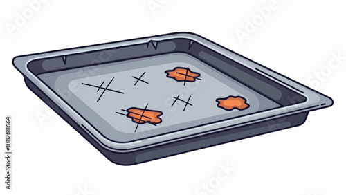 Dirty baking tray with orange splotches and cross marks