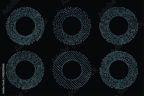 Circuit board circle frames. Abstract digital round frame, hardware board and electronic motherboard pattern vector set. Programming science, computer system elements