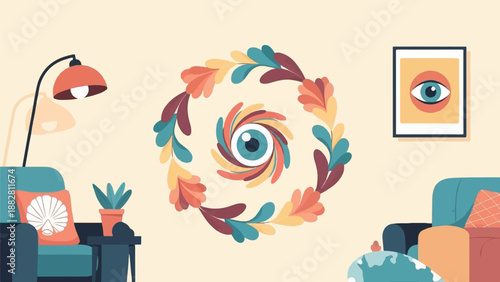 Cozy room with artistic eye, plant, lamp and framed art