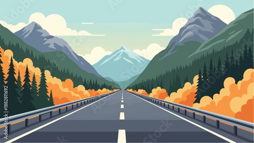 Endless highway through a mountainous landscape with autumn foliage