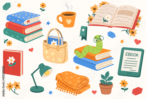 Reading and study set with books, ebook reader, open book, desk lamp, tea cup, tote bag, folded blanket and plants.For posters and web baners