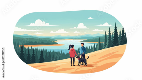 Couple with dog on hill overlooking lake and forest