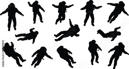 Astronaut floating silhouettes set showing zero gravity spacewalk poses in different orientations for science fiction space exploration education poster and vector illustration isolated