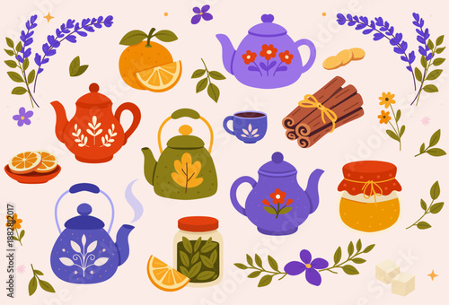 Tea set with colorful teapots, cups, jam, cinnamon, citrus slices, mint and lavender. For menus, packaging, stickers and posters.