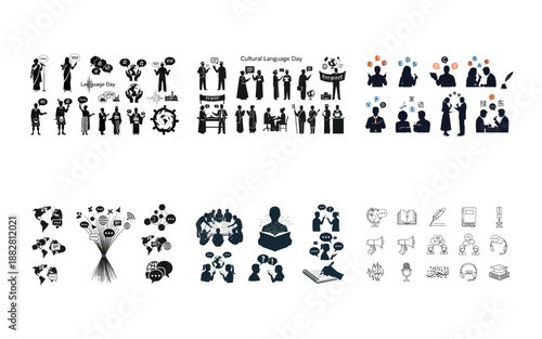 Black and white of people communicating and using language in various contexts communication