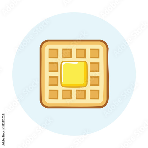 A waffle with butter on top, a sweet breakfast treat illustration on a light blue background from a directly overhead viewpoint