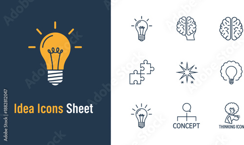 Black outline icon sheet of creative ideas and concept symbols