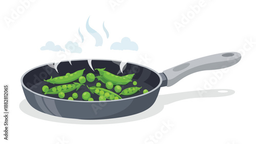 Vibrant green peas and pods gently steaming in a modern frying pan on a clean white background artwork