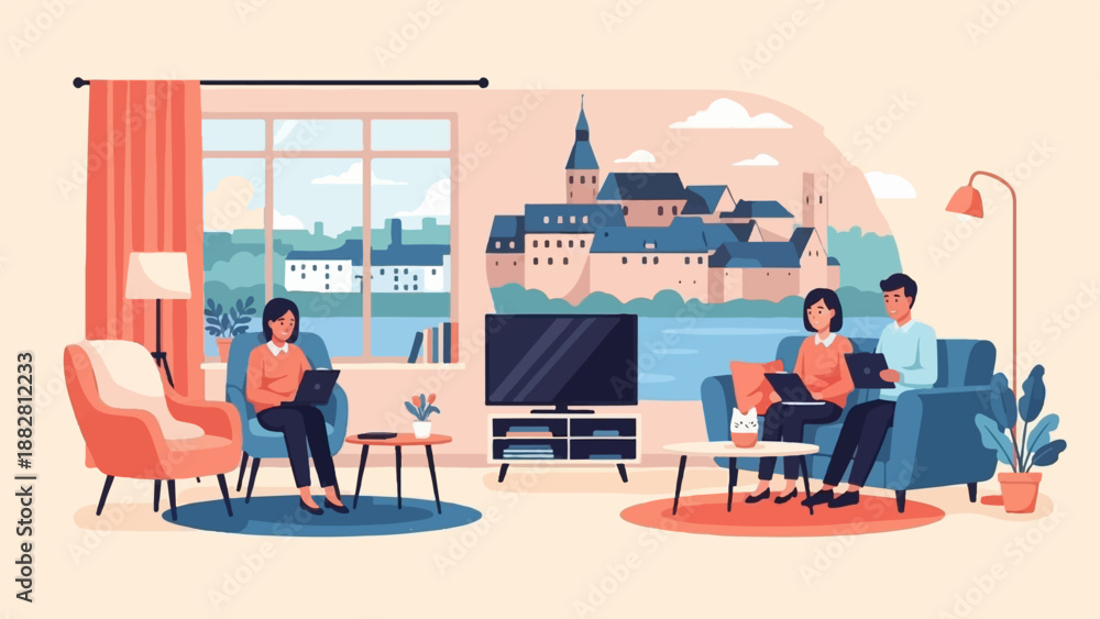 Fototapeta premium Cozy home interior scene with people using laptops, overlooking a scenic town