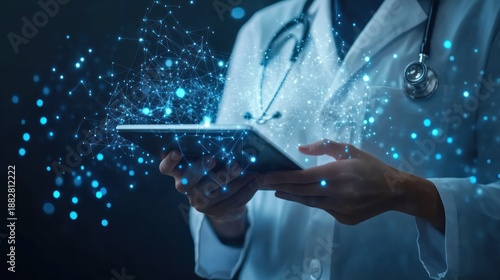 Healthcare professional wea white coat and stethoscope using digital tablet with holographic medical data and futuristic technology in a clinical environment
