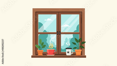 Cozy scene through a wooden window with plants and steaming drinks