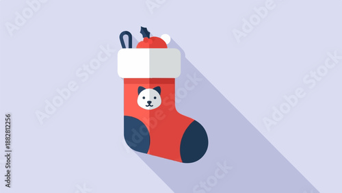 Festive red Christmas stocking with a panda face, filled with treats