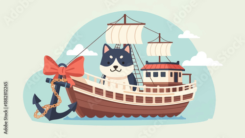 Cute dog on a ship with an anchor and red bow