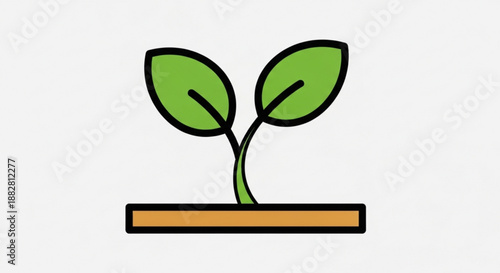 A small green plant with two leaves growing out of brown soil on a white background symbolizing growth and nature