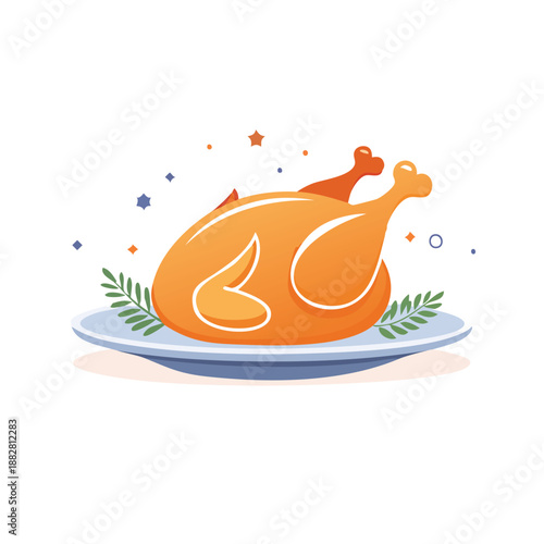 A delicious roasted chicken on a plate with garnish, served on a table, viewed from the side.