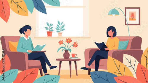 Cozy home interior with two women reading books in armchairs near a window