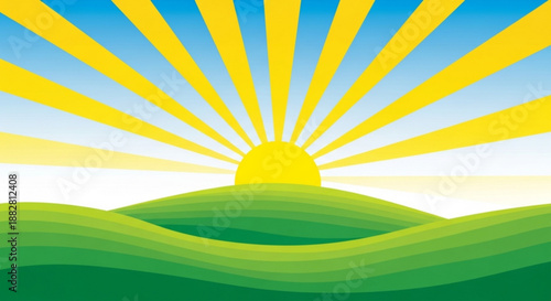 Vibrant sunrise over rolling green hills with radiant yellow sun rays and blue sky