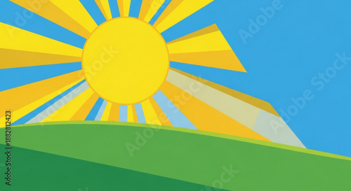 Vibrant sunrise over green hill with bright yellow sun rays on blue sky background symbolizing hope and new beginnings in nature
