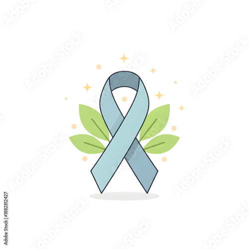 light blue awareness ribbon icon with green leaves and sparkles isolated on transparent background