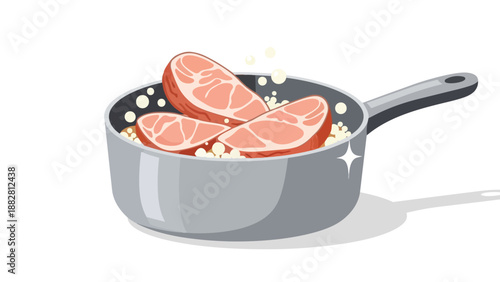 Graphic image shows three fresh, uncooked meat portions nestled among white grains within a modern gray saucepan, ready for comforting family meal