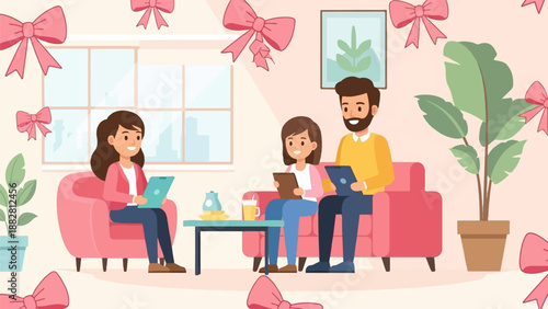 Family session with therapist and pink bows decoration