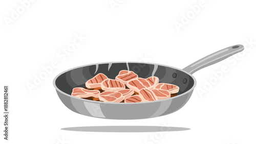 An appealing vector illustration showcases succulent meat sizzling in a pan with rising steam, symbolizing home cooking and healthy meal preparation