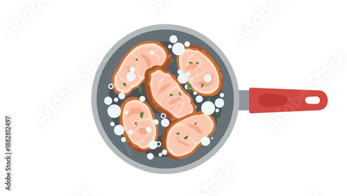 Top-down illustration of five tender meat cuts cooking in a skillet, gently bubbling in flavorful liquid, a simple culinary scene