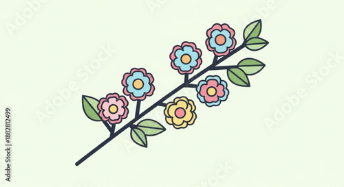 Colorful flowers on a branch with green leaves floral illustration nature botany plant blossom garden decorative vibrant artistic