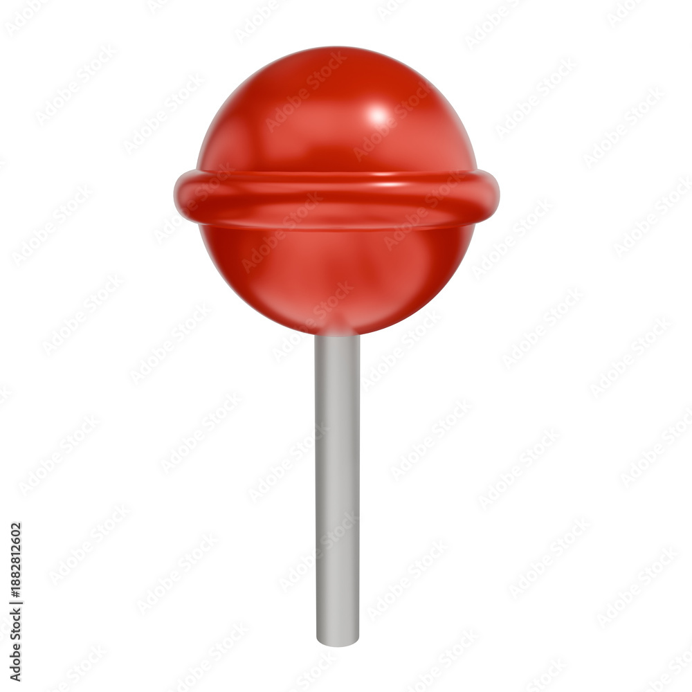 Fototapeta premium A glossy, red lollipop with a central ring sits atop a gray stick, centered against a plain white background, illuminated by soft, even lighting. 