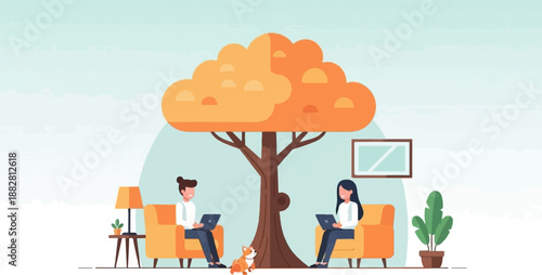 Cozy scene with people working remotely under a large autumn tree