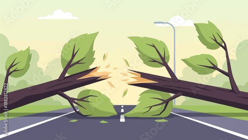 Fallen trees block a road after a storm